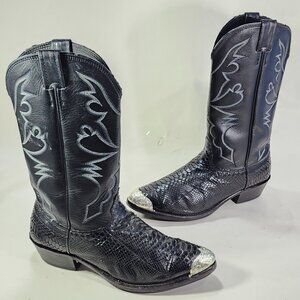 Larry Mahan Black Snakeskin Leather Cowboy Boots Men 11 XE Almond Toe Chrome Tip
